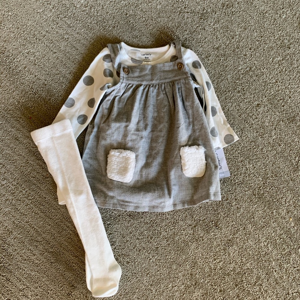NWT girls 9M gray and white polka dot outfit